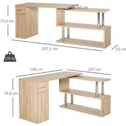 HOMCOM Bureau Informatique Multimédia Design - Modulable - 3 étagères, Placard, Tiroir - Panneaux Aspect Chêne Clair Métal Chromé - Beige -France Bureau Soldes 2022 37281392 3