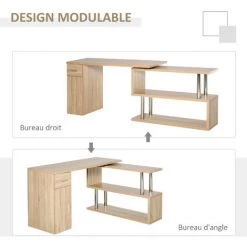 HOMCOM Bureau Informatique Multimédia Design - Modulable - 3 étagères, Placard, Tiroir - Panneaux Aspect Chêne Clair Métal Chromé - Beige -France Bureau Soldes 2022 37281392 4