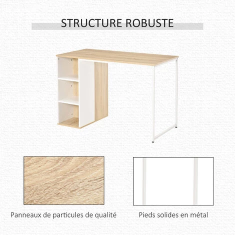 HOMCOM Bureau Informatique Multimédia - Dim. 115L X 55l X 75H Cm - 3 étagères Latérales - Panneaux Particules Chêne Clair Blanc Métal - Beige 7 HOMCOM Bureau Informatique Multimédia - Dim. 115L X 55l X 75H Cm - 3 étagères Latérales - Panneaux Particules Chêne Clair Blanc Métal - Beige – Image 5