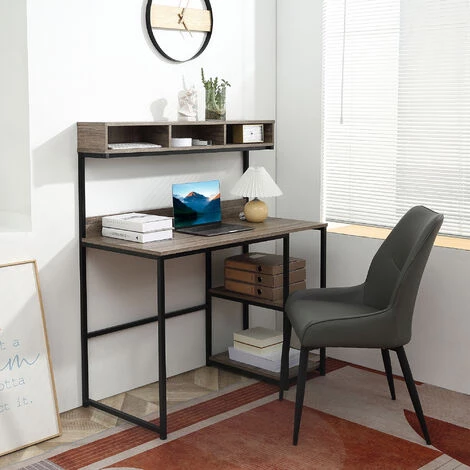 HOMCOM Bureau Informatique Style Industriel - Dim. 107L X 51l X 125H Cm - 3 Niches, 2 étagères - Châssis Métal Noir Plateau Aspect Bois Gris - Gris 4 HOMCOM Bureau Informatique Style Industriel - Dim. 107L X 51l X 125H Cm - 3 Niches, 2 étagères - Châssis Métal Noir Plateau Aspect Bois Gris - Gris – Image 2