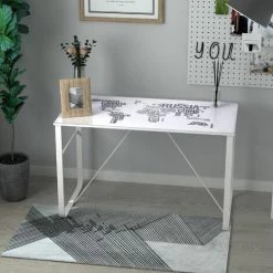 HOMCOM Bureau Informatique Design Contemporain Plateau Verre Trempé Décor Mappemonde Lettres Châssis Métal Blanc -France Bureau Soldes 2022 37330554 2