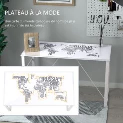 HOMCOM Bureau Informatique Design Contemporain Plateau Verre Trempé Décor Mappemonde Lettres Châssis Métal Blanc -France Bureau Soldes 2022 37330554 4