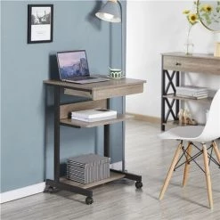 Yaheetech Table Informatique Bureau D'Ordinateur Portable Roulant Poste De Travail 56 X 51 X 79 Cm Gris Avec 1 Tiroir Et 2 Etagères Gris -France Bureau Soldes 2022 37400800 4