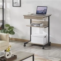 Yaheetech Table Informatique Bureau D'Ordinateur Portable Roulant Poste De Travail 56 X 51 X 79 Cm Gris Avec 1 Tiroir Et 2 Etagères Gris -France Bureau Soldes 2022 37400800 5
