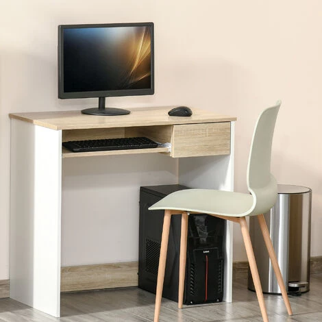 HOMCOM Bureau Secrétaire Tablette Clavier Tiroir Coulissant Panneaux Aspect Chêne Clair Blanc - Beige 4 HOMCOM Bureau Secrétaire Tablette Clavier Tiroir Coulissant Panneaux Aspect Chêne Clair Blanc - Beige – Image 2