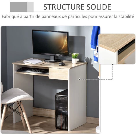 HOMCOM Bureau Secrétaire Tablette Clavier Tiroir Coulissant Panneaux Aspect Chêne Clair Blanc - Beige 6 HOMCOM Bureau Secrétaire Tablette Clavier Tiroir Coulissant Panneaux Aspect Chêne Clair Blanc - Beige – Image 4