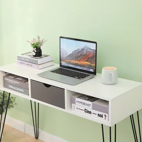 DAZHOM Bureau D'ordinateur Bureau D'ordinateur Mobilier De Bureau Avec 2 Tiroirs En Bois Pieds En Fer | BLANC 5 DAZHOM Bureau D'ordinateur Bureau D'ordinateur Mobilier De Bureau Avec 2 Tiroirs En Bois Pieds En Fer | BLANC – Image 3