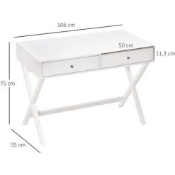 HOMCOM Bureau Informatique Multimédia Design Contemporain 2 Tiroirs Piètement Croisé MDF Blanc - Blanc -France Bureau Soldes 2022 37865157 3