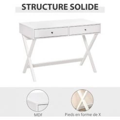 HOMCOM Bureau Informatique Multimédia Design Contemporain 2 Tiroirs Piètement Croisé MDF Blanc - Blanc -France Bureau Soldes 2022 37865157 4