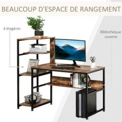 HOMCOM Bureau Informatique Design Industriel Avec Bibliothèque 4 étagères Panneaux Particules Aspect Vieux Bois Métal Noir - Marron -France Bureau Soldes 2022 37865168 2