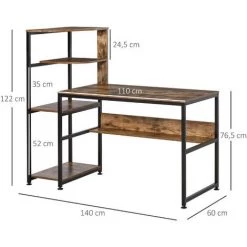 HOMCOM Bureau Informatique Design Industriel Avec Bibliothèque 4 étagères Panneaux Particules Aspect Vieux Bois Métal Noir - Marron -France Bureau Soldes 2022 37865168 3