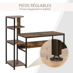 HOMCOM Bureau Informatique Design Industriel Avec Bibliothèque 4 étagères Panneaux Particules Aspect Vieux Bois Métal Noir - Marron -France Bureau Soldes 2022 37865168 4