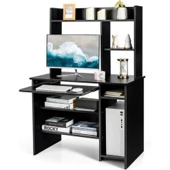 COSTWAY Bureau Informatique En Bois Avec Étagères Et Clavier Plateau, 2-en-1 Design Avec Bibliothèque Et Bureau, 91×50,5×136CM, Noir