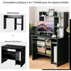 COSTWAY Bureau Informatique En Bois Avec Étagères Et Clavier Plateau, 2-en-1 Design Avec Bibliothèque Et Bureau, 91×50,5×136CM, Noir -France Bureau Soldes 2022 38047613 3