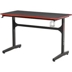 HOMCOM Bureau Gaming Racing Bureau Gamer Bureau Informatique Bracket Supports Casque Porte-gobelet Métal Plateau MDF Texture Carbone Rouge Noir - Rouge