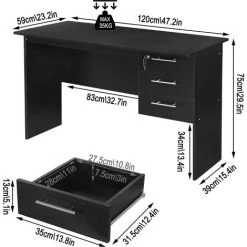 WOLTU Table De Bureau. Table D’ordinateur En Bois. Table De Travail Avec 3 Tiroirs Et Verrou.120x59x75 Cm. Noir -France Bureau Soldes 2022 38233102 4