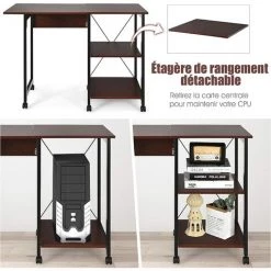 COSTWAY Bureau Pliable Pour Ordinateur, Table De Travail à 3 Niveaux Avec 2 Étagères De Rangement -France Bureau Soldes 2022 38275887 4