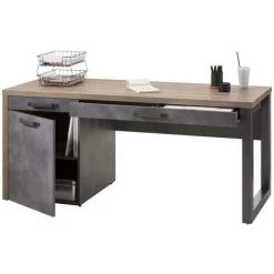 Dmora Bureau Avec 2 Tiroirs Avec 1 Porte, Made In Italy, Table D'étude, Made In Italy, 170x69xh76 Cm, Couleur Chêne Et Ciment