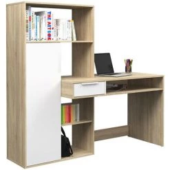 Dmora Bureau Multifonction Avec Bibliothèque, Table D'étude, Parfait Pour Une Chambre Ou Un Bureau Moderne, Cm163x60h155, Couleur Blanc Et Chêne