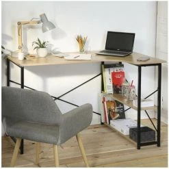 CASAME Bureau Industriel Avec Retour En Angle Et 2 étagères - L120 Cm - Casâme - Bois Clair -France Bureau Soldes 2022 38927215 5