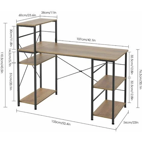 Homfa Table D'ordinateur Avec 5 étagères De Style Industriel, 133 X 56 X 110,5 Cm Marron 4 Homfa Table D'ordinateur Avec 5 étagères De Style Industriel, 133 X 56 X 110,5 Cm Marron – Image 2