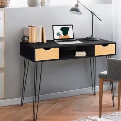 IDMARKET Bureau D'appoint Console Vintage LEONI 2 Tiroirs Motifs Graphiques - Noir