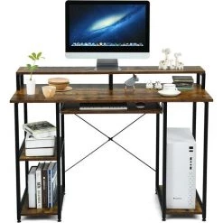 COSTWAY Bureau Avec Support D'Ecran 118 X 48 X 86,5 CM Plateau Pour Clavier, Etagères De Rangement Style Industriel Marron Rustique