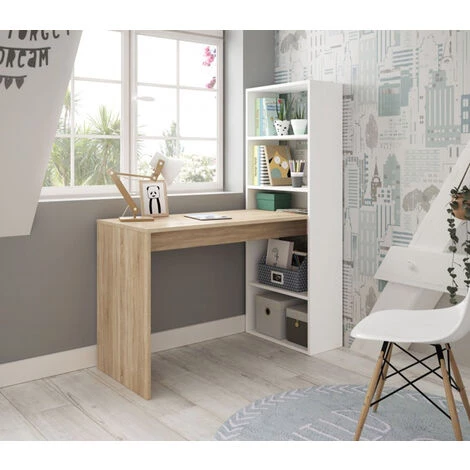 PEGANE Bureau Avec étagère Intégrée Coloris Blanc Artic / Chêne Canadien - Hauteur 144 X Longueur 120 X Profondeur 53 Cm 4 PEGANE Bureau Avec étagère Intégrée Coloris Blanc Artic / Chêne Canadien - Hauteur 144 X Longueur 120 X Profondeur 53 Cm – Image 2