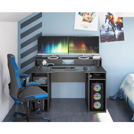 PEGANE Bureau Pour Ordinateur, Station E-Gaming Coloris Anthracite En Bois MDF - Hauteur 88 X Longueur 136 X Largeur 67 Cm 6 PEGANE Bureau Pour Ordinateur, Station E-Gaming Coloris Anthracite En Bois MDF - Hauteur 88 X Longueur 136 X Largeur 67 Cm – Image 4