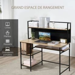 HOMCOM Bureau Informatique Design Industriel 4 étagères Grand Plateau Et Panneau Noir Métal Aspect Chêne Clair - Beige -France Bureau Soldes 2022 39773025 4