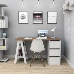 BEAUX MEUBLES PAS CHERS Bureau Tréteau 3 Tiroirs Blanc Châtaignier -France Bureau Soldes 2022 40104015 3