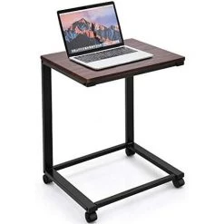 GOPLUS Table De Lit à Roulettes Verrouillables Pour Ordinateur Portable Mobile Multifonctionnelle PC En Bois MDF + Fer 50 X 40 X 64,5 Cm Couleur Noyer (Noir)