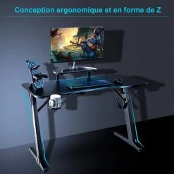 GOPLUS Bureau De Jeu Ergonomique Avec Lumières RGB Et Moniteur, Bureau De Gaming Avec Porte-Gobelet, Crochet Pour Casque Pour PC Informatique En Fibre De Carbone, Convient à Chambre,?tude,Noir -France Bureau Soldes 2022 40243472 3