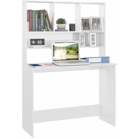 HAPPYSHOPPING Bureau Avec Etageres Blanc Brillant 110 X 45 X 157 Cm Agglomere 5 HAPPYSHOPPING Bureau Avec Etageres Blanc Brillant 110 X 45 X 157 Cm Agglomere – Image 3
