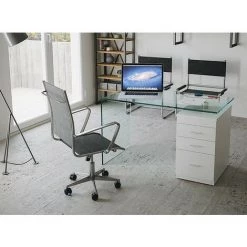 LES TENDANCES Bureau Moderne En Verre Courbé Trempé Et Caisson Laqué Blanc Koundi