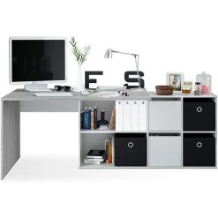 Bureau Avec Caisson Coloris Blanc Artic / Béton- Longueur 136-203 Cm X Hauteur 74 X Profondeur 66/ 33 Cm -PEGANE-