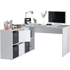 Bureau Avec Caisson Coloris Blanc Artic / Béton- Longueur 136-203 Cm X Hauteur 74 X Profondeur 66/ 33 Cm -PEGANE- -France Bureau Soldes 2022 40745020 3