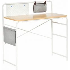 HOMCOM Bureau Informatique 2 Pochettes De Rangement Grise Panneau Métal Blanc Aspect Bois Clair