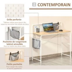 HOMCOM Bureau Informatique 2 Pochettes De Rangement Grise Panneau Métal Blanc Aspect Bois Clair -France Bureau Soldes 2022 41919000 5