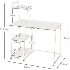 HOMCOM Bureau Informatique Design Contemporain 3 étagères Panneaux De Particules Châssis Métal Blanc - Blanc -France Bureau Soldes 2022 41919001 3