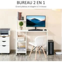 HOMCOM Bureau Informatique Design Contemporain 3 étagères Panneaux De Particules Châssis Métal Blanc - Blanc -France Bureau Soldes 2022 41919001 4