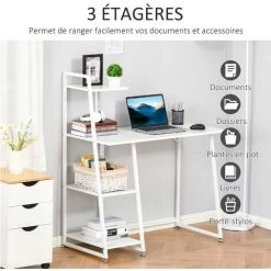 HOMCOM Bureau Informatique Design Contemporain 3 étagères Panneaux De Particules Châssis Métal Blanc - Blanc -France Bureau Soldes 2022 41919001 5