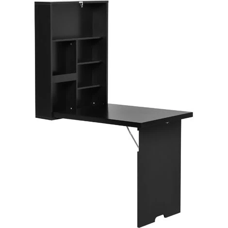 HOMCOM Bureau Mural Pliable Table Murale Rabattable Suspendue Sur Pied étagère + Tableau à Craie Intégré MDF Noir 3 HOMCOM Bureau Mural Pliable Table Murale Rabattable Suspendue Sur Pied étagère + Tableau à Craie Intégré MDF Noir