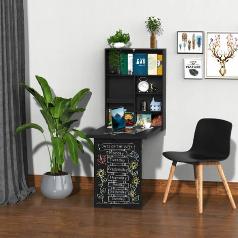 HOMCOM Bureau Mural Pliable Table Murale Rabattable Suspendue Sur Pied étagère + Tableau à Craie Intégré MDF Noir 4 HOMCOM Bureau Mural Pliable Table Murale Rabattable Suspendue Sur Pied étagère + Tableau à Craie Intégré MDF Noir – Image 2