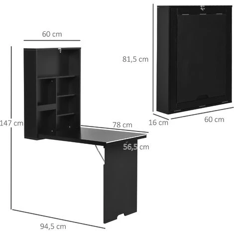 HOMCOM Bureau Mural Pliable Table Murale Rabattable Suspendue Sur Pied étagère + Tableau à Craie Intégré MDF Noir 5 HOMCOM Bureau Mural Pliable Table Murale Rabattable Suspendue Sur Pied étagère + Tableau à Craie Intégré MDF Noir – Image 3