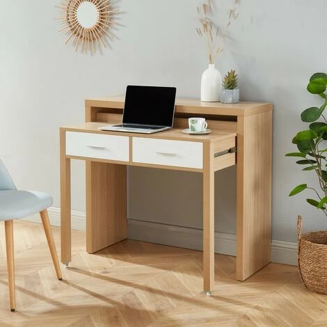 BAïTA Bureau Extensible STUDIO Blanc Et Effet Chêne 2 Tiroirs - Bois 4 BAïTA Bureau Extensible STUDIO Blanc Et Effet Chêne 2 Tiroirs - Bois – Image 2