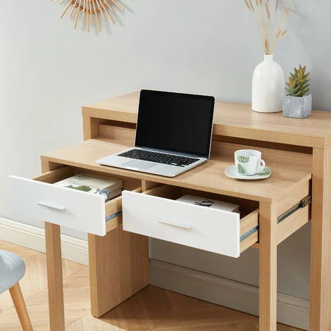 BAïTA Bureau Extensible STUDIO Blanc Et Effet Chêne 2 Tiroirs - Bois 5 BAïTA Bureau Extensible STUDIO Blanc Et Effet Chêne 2 Tiroirs - Bois – Image 3