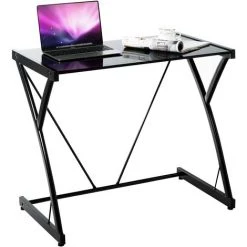 COSTWAY Bureau Informatique En Forme De Z Avec Pieds Réglables, Plateau En Verre Trempé Et Cadre En Fer, 80 × 50 × 70,5 Cm, Noir