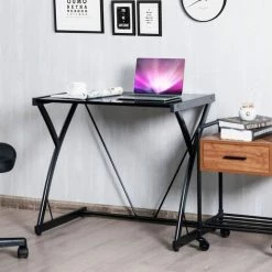 COSTWAY Bureau Informatique En Forme De Z Avec Pieds Réglables, Plateau En Verre Trempé Et Cadre En Fer, 80 × 50 × 70,5 Cm, Noir -France Bureau Soldes 2022 42671273 4