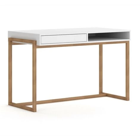 PRICE FACTORY Bureau GEILO Style Scandinave 1 Tiroir Et 1 Niche Coloris Blanc Et Hêtre - Blanc 5 PRICE FACTORY Bureau GEILO Style Scandinave 1 Tiroir Et 1 Niche Coloris Blanc Et Hêtre - Blanc – Image 3